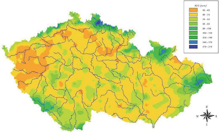 Obrázek – Rozložení 24hodinové srážky s průměrnou dobou opakování 20 let 