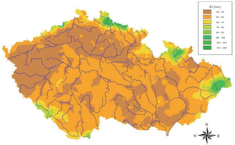 Obrázek – Rozložení 24hodinové srážky s průměrnou dobou opakování 5 let 