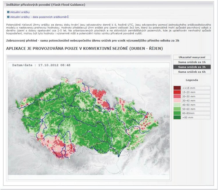 Obrázek – ukázka výstupu aplikace indikátor přívalových povodní. Lze volit mapu s ukazatelem nasycení povodí nebo mapu s úhrnem srážek za 1, 3 nebo 6 hodin, které by potenciálně způsobily povodňový odtok. 