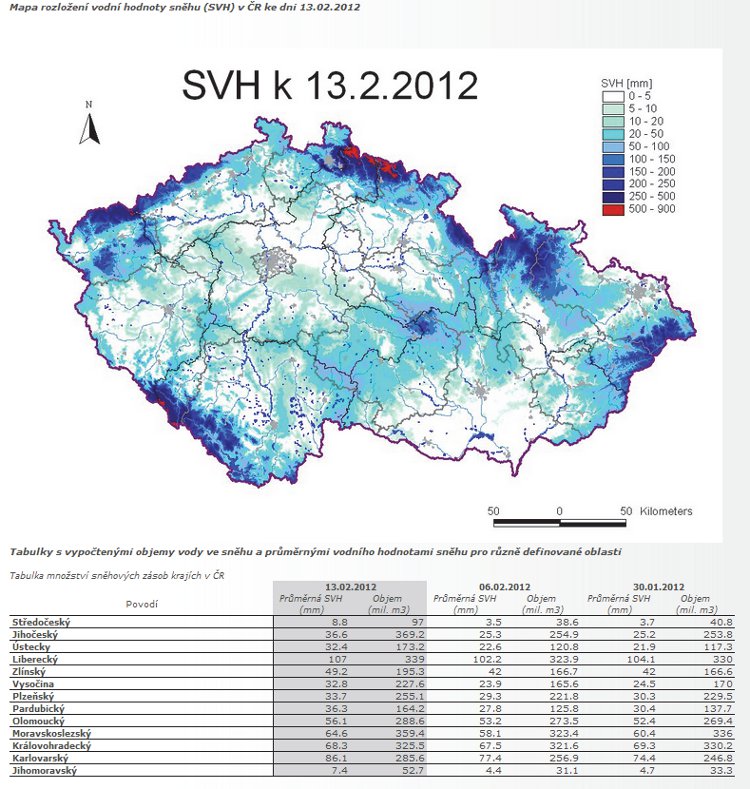 Obrázek – Ukázka grafického a tabelárního vyhodnoceného rozložení množství vody ve sněhové pokrývce 