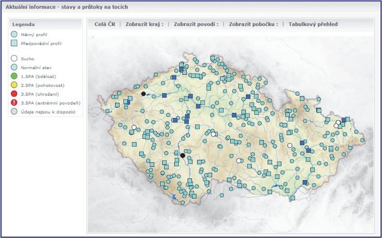 Obrázek - Mapa profilů hlásné a předpovědní služby ČHMÚ, čtverečkem jsou označeny profily, pro které je počítána modelová hydrologická předpověď, tmavě modrou a černou barvou jsou označeny profily, pro které je počítána i manuální hydrologická předpověď. 