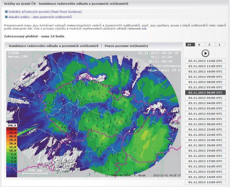 Obrázek - sdružená srážková informace, mapa v gridu 1x1 km obsahující srážkové úhrny za zvolený interval. Lze volit srážkovou mapu odvozenou pouze z pozemních stanic nebo kombinaci pozemních stanic a radarového odhadu. Časový interval je volitelný, zobrazit lze srážky za 1, 3, 6 nebo 24 hodin. 